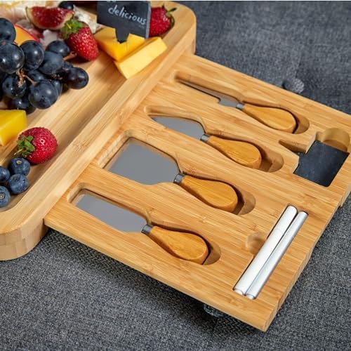 Bamboo Cheese Board and Knife Set with 2 Slide-Out Cutlery Drawers