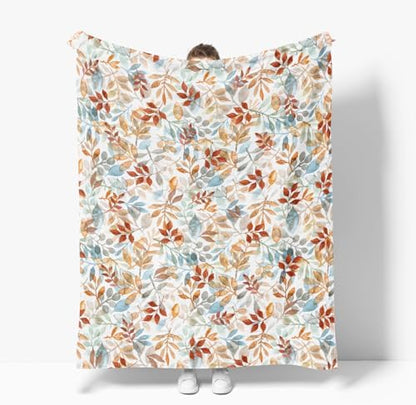 Horaldaily Fall Orange Blue Watercolor Leaves Flannel Throw Blanket