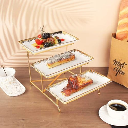 Three-Tier Ceramic Plate Rack - Foldable Gold Plate Rack with Three