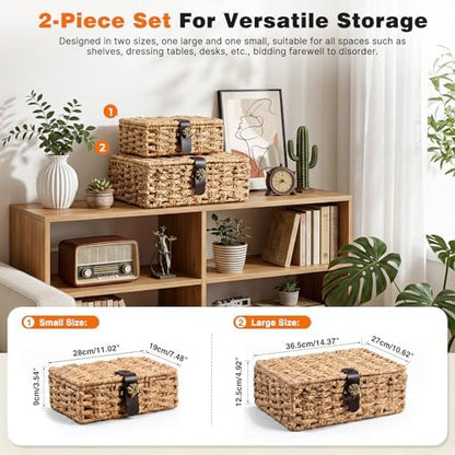 Storage Boxes with Lids, Set of 2 Water Hyacinth Wicker Baskets