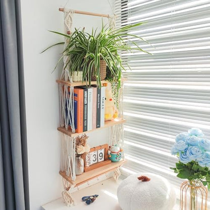 TENEWEE Boho Macrame Hanging Wall Shelf for Plant & Books Display