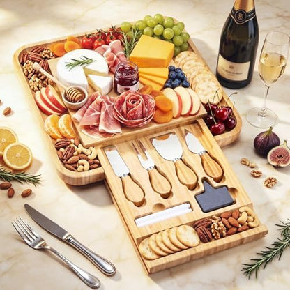 Bamboo Charcuterie Board Set, 13 Inch Cheese Board with Knives, Sauce