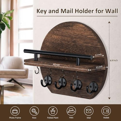 Nekon Key Holder for Wall, 9.8 Inch Round Wall Decor, Brown