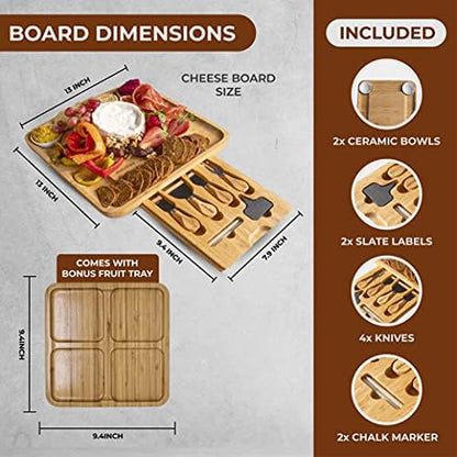 Cheese Board Natural Bamboo Platter with Knife and Forks Set with