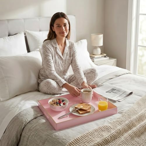 Set of 2 Pink Plastic Serving Trays for Ottoman Coffee Table
