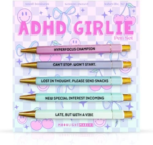 Moonlight Makers Set of 5 Ballpoint Pens Black Ink, ADHD Girlie
