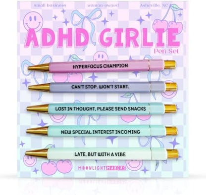 Moonlight Makers Set of 5 Ballpoint Pens Black Ink, ADHD Girlie