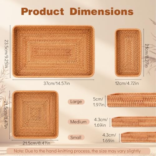 Rattan Serving Tray Set of 3 Rectangular Wicker Storage Baskets