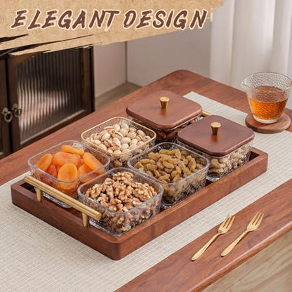Domensi 6 Glass Snackle Box with Wood Tray and Lids Dry Fruit