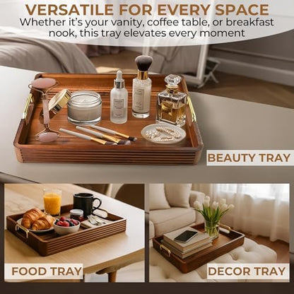 Acacia Wood Serving Tray with Metal Handle, 17x13in Tray for Ottoman