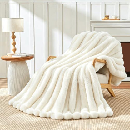 Touchat Soft Fluffy Faux Rabbit Fur Throw Blanket, 50" × 60", Cream