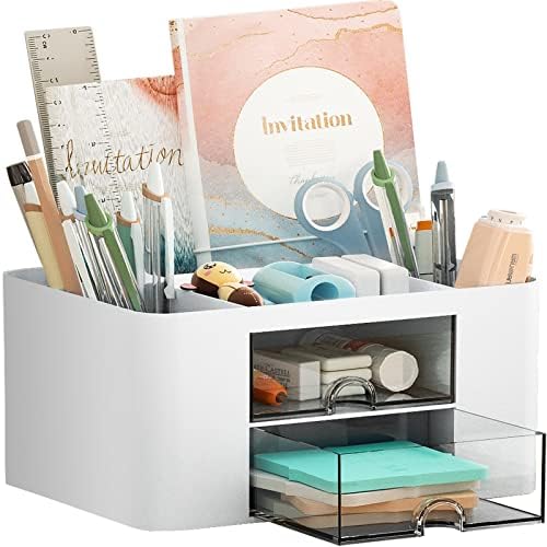 Marbrasse Pen Organizer with 2 Drawer, Multi-Functional Pencil Holder