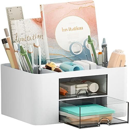 Marbrasse Pen Organizer with 2 Drawer, Multi-Functional Pencil Holder