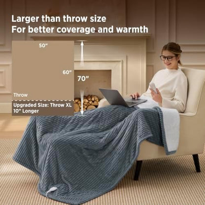Bedsure Ribbed Heated Blanket Throw XL, Grey Electric Blanket, Preheat