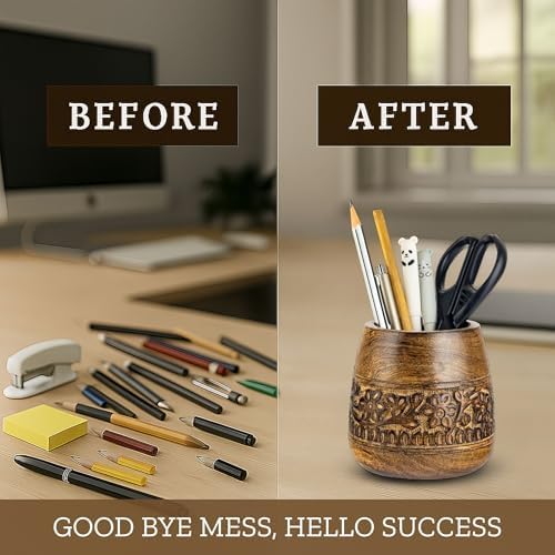 Mie Creations Rustic Pencil Holder, Wooden Pen Stand, Table Desk