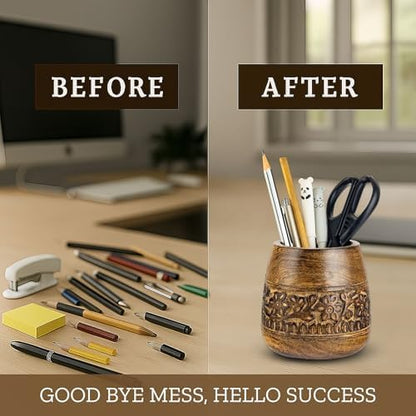 Mie Creations Rustic Pencil Holder, Wooden Pen Stand, Table Desk