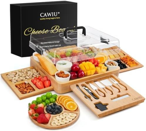 CAWIU Large Bamboo Charcuterie Board Set with Lid, Drawers, Black