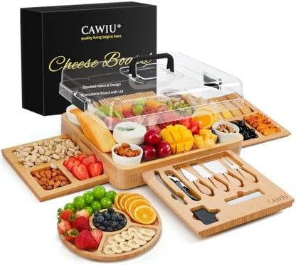 CAWIU Large Bamboo Charcuterie Board Set with Lid, Drawers, Black