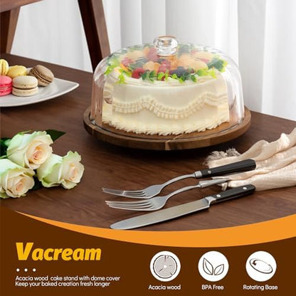 Cake Stand with Lid, Rotating Cake Holder with Dome, Wood Lazy Susan