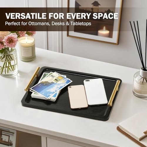 PEKER Wooden Serving Tray with Metal Handles, Black Decorative Coffee