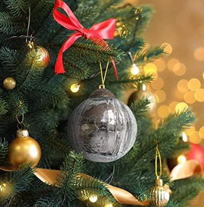 Set of 4 Silver Mercury Glass Ornaments (3.15" Grooved Crackle Ball)