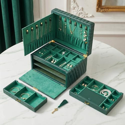 Genuine Leather Jewelry Box for Women, 3 Layer, Green