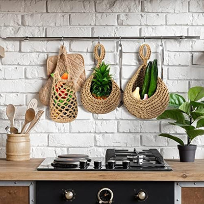 9 Pcs Jute Fruit Hanging Baskets for Kitchen, Boho Woven Wall Baskets