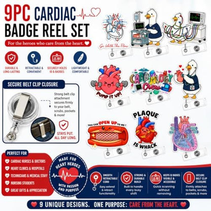 9PC Cardiac Badge Reels Bulk Gift Set Cardiology Heart EKG Doctor