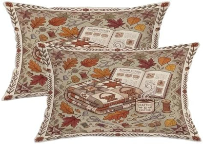 Cozy Autumn Reading Nook Quote Leaves Throw Pillow Covers 12x20 Set of
