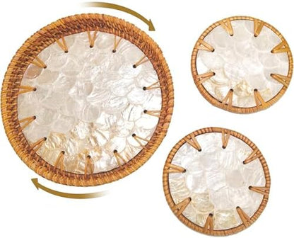 6" Mini Lazy Susan Turntable with 2 Rattan Coasters – Mother of Pearl
