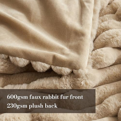 Amélie Home Soft Striped Faux Fur Throw Blanket for Couch, Beige