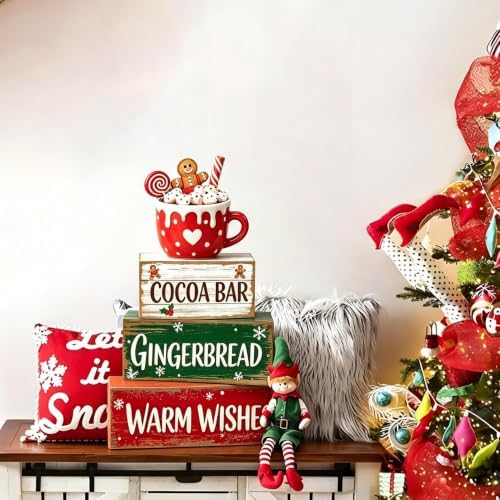 Gingerbread Tiered Tray Decor, 4 Pcs Wooden Block Signs, Christmas