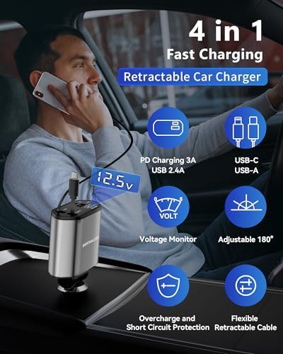 Retractable Car Charger,4 in 1 Fast Charging Car Charger with USB-C &
