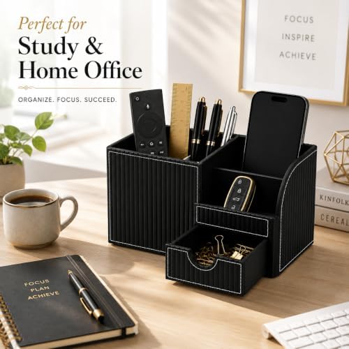 KINGFOM Executive Leather Desk Organizer with Drawer, Modern Black