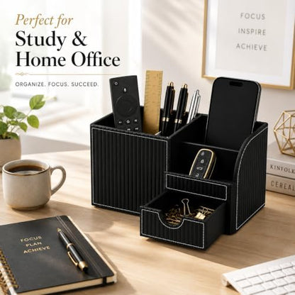 KINGFOM Executive Leather Desk Organizer with Drawer, Modern Black