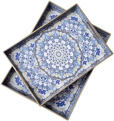 Boho Decorative Tray, Modern Blue Serving Tray with Handles, Ottoman