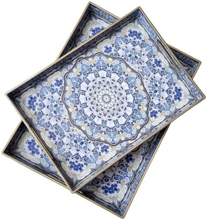 Boho Decorative Tray, Modern Blue Serving Tray with Handles, Ottoman