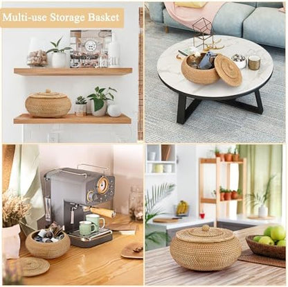 Hipiwe Round Rattan Boxes with Lid Natural Woven Picnic Storage Basket