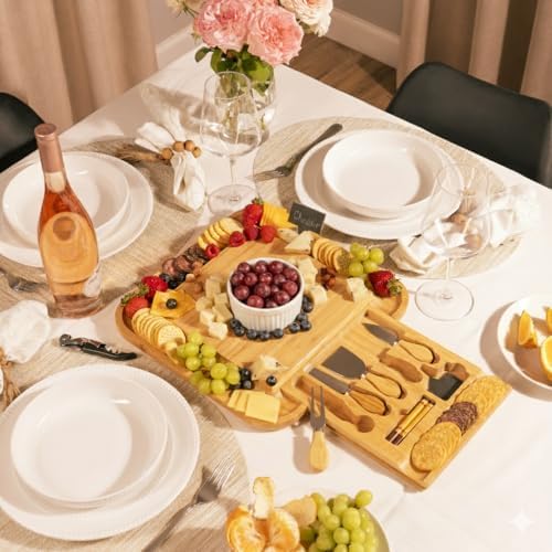 Cheese Board Gift Set with Built-in Storage Drawer, Bamboo Charcuterie
