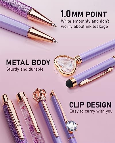 WEMATE 8Pcs Purple Pens, Metal Crystal Diamond Pens with Black & Blue