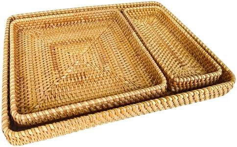 i-lan 17 x 13 Oversized Rattan Serving Tray Set of 3, Woven Wicker