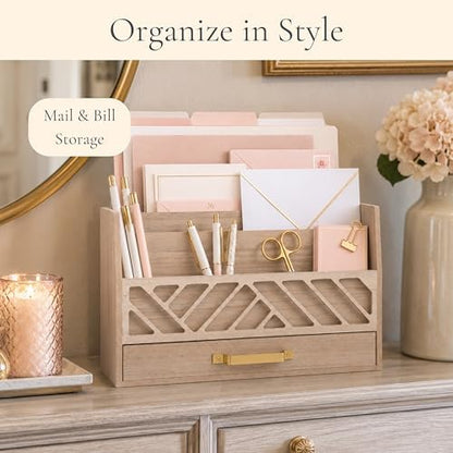 BLU MONACO | Wooden Mail Organizer with Drawer and Gold Handle