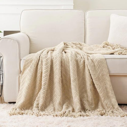 BATTILO HOME Beige Throw Blanket for Couch, Knitted Beige Throw for