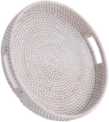 Round Rattan Serving Tray,Hand-Woven Tray with Handles, Ottoman