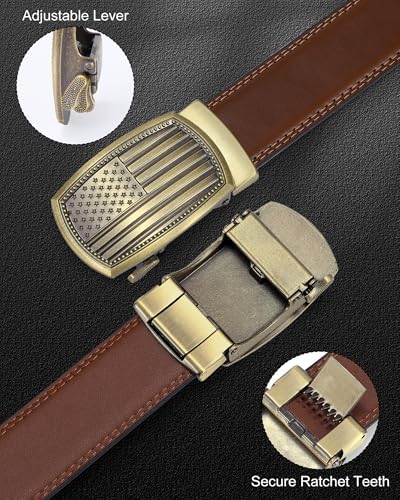 Ratchet Belts for Men Leather with Adjustable American Flag Buckle