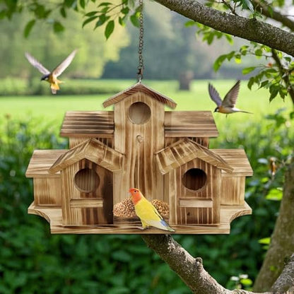 Wooden Bird House for Outside, 7-Compartment Large Birdhouse Castle