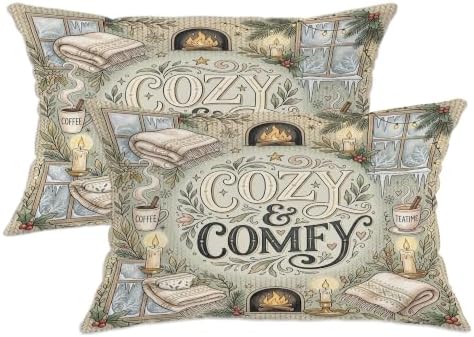 Cozy Comfortable Fireplace Quote Throw Pillow Covers 12x20 Set of 2