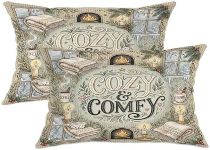 Cozy Comfortable Fireplace Quote Throw Pillow Covers 12x20 Set of 2
