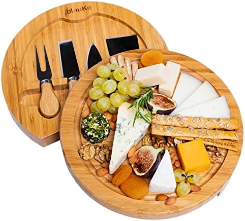 Bamboo Cheese Board and Knife Set - 10 inch Round Charcuterie Board