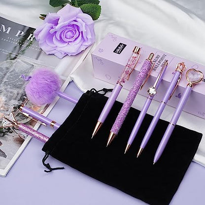 WEMATE 8Pcs Purple Pens, Metal Crystal Diamond Pens with Black & Blue